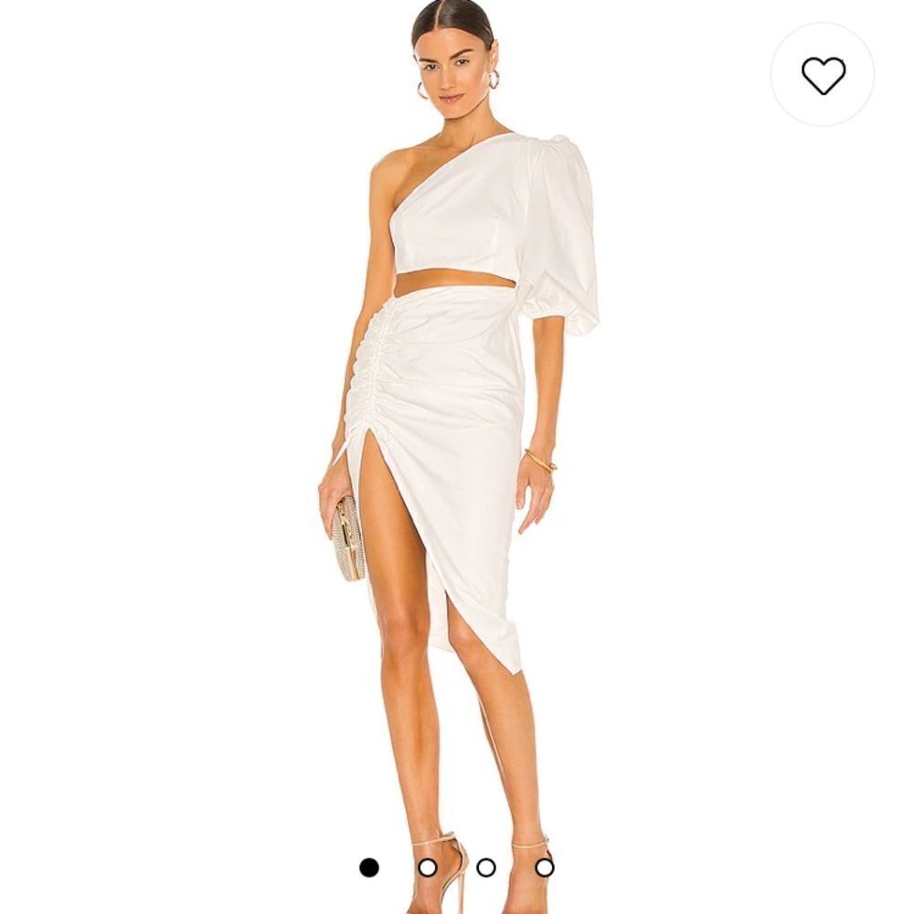 Say lee Saks Fifth Ave White one shoulder puff sleeve ruched peekaboo waist dres
